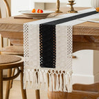 FEXIA Boho Table Runner for Home Decor with Tassels 36 Inches Long,Black Farmhouse Rustic Table Runner Macrame Burlap Table Decoration for Living Room Bridal Shower(12x36 Inches)