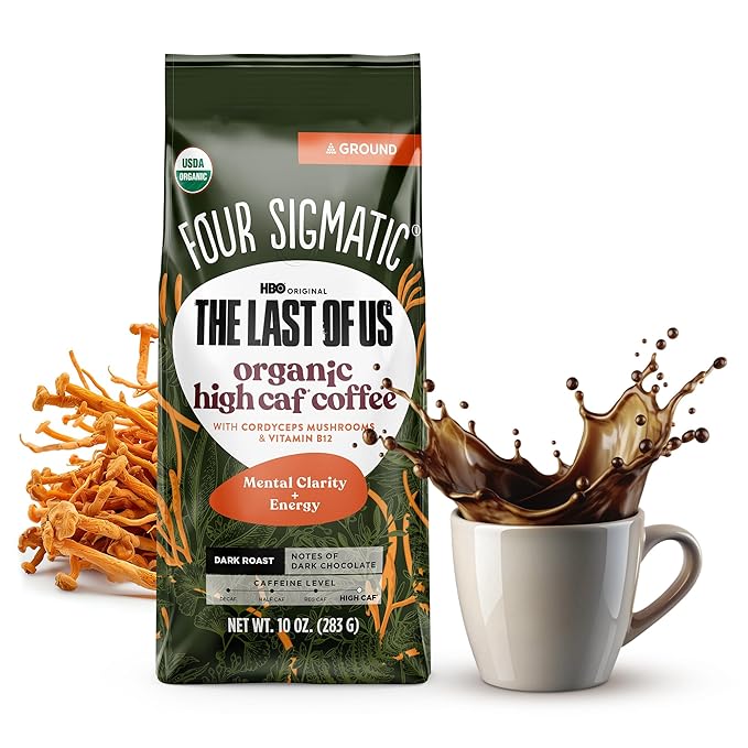 Four Sigmatic Focus Max High Caffeine Cordyceps Coffee | Organic Dark Roast High Caffeine Ground Coffee with Cordyceps, Lion's Mane and B12 | Energy Booster Without the Jitters | 10oz Bag