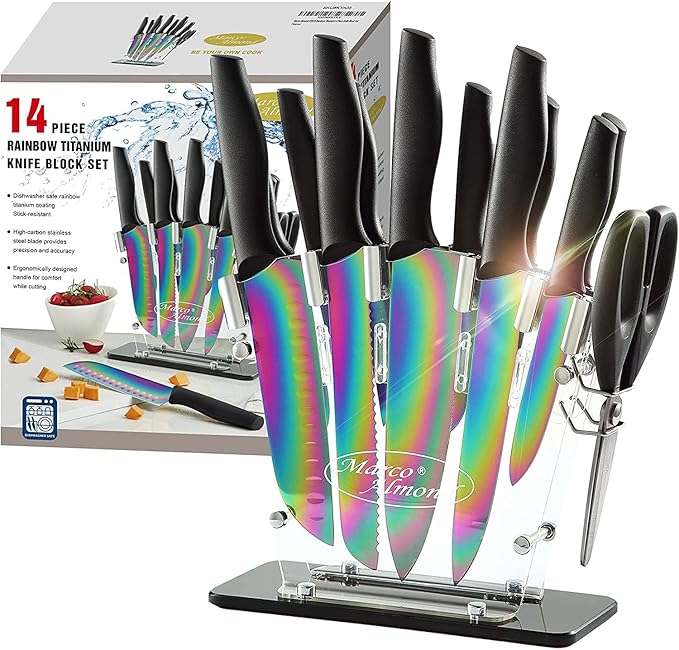 Marco Almond® Knife Block Set,14-Piece Rainbow Color Stainless Steel Knife Sets for Kitchen with block, KYA35 Chef Cooking Knives Set with Acrylic Stand