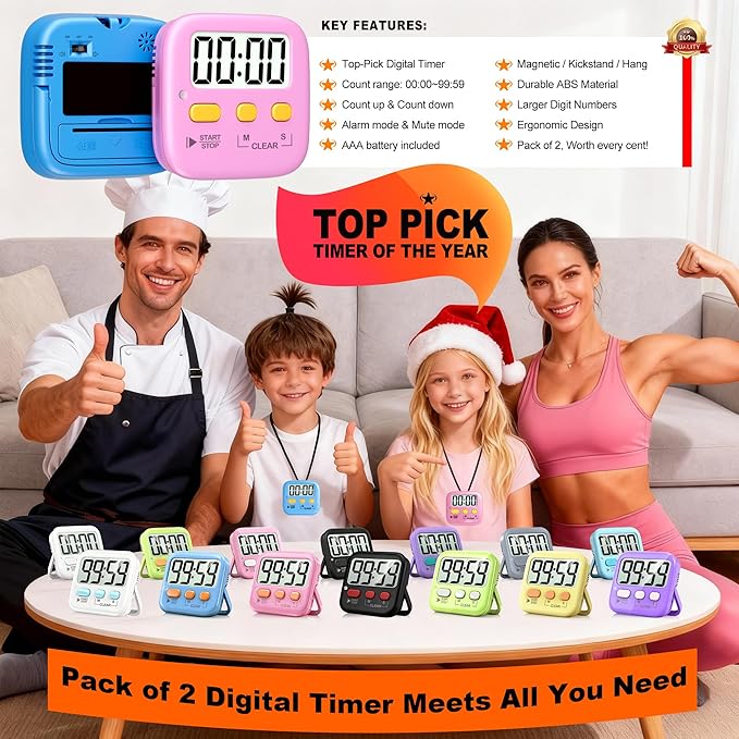 Antonki 2 Pack Digital Timer for Kids, Magnetic Countdown Kitchen Timers for Cooking, Egg, Classroom, Teacher, Exercise, Study, Oven - Battery Included
