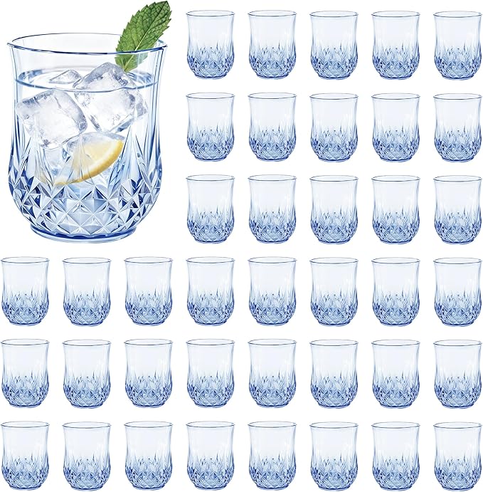 40 Pack Plastic Stemless Wine Glasses,12oz Unbreakable Vintage Elegant Drinking Glass Set,Reusable Fancy Cocktail Cups for Party, Wedding, and Bulk Events (40, 12oz-Blue)