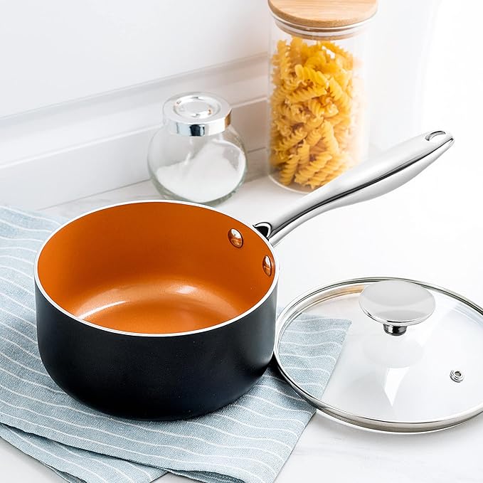 MICHELANGELO Sauce Pan with Lid, Ultra Nonstick 3 Qt Saucepan with Lid, 3 Quart Non Stick Pot Induction Compatible, Ceramic Small Pot, Copper