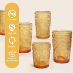 Loivttvv 12pcs Vintage Drinking Glasses Set, 12 oz Highball Glasses & 9 oz Embossed Ribbed Glassware Cups for Thanksgiving Cocktail, Juice, Coffee, Whiskey (Amber)