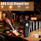 Grilling Accessories, HaSteeL 18in BBQ Grill Accessories Set of 4, Stainless Steel Grilling Tools for Outdoor Barbecue Camping, Heavy Duty Grill Spatula, Tong, Fork, Basting Brush, Gifts for Men