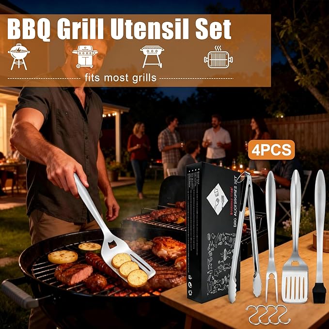 Grilling Accessories, HaSteeL 18in BBQ Grill Accessories Set of 4, Stainless Steel Grilling Tools for Outdoor Barbecue Camping, Heavy Duty Grill Spatula, Tong, Fork, Basting Brush, Gifts for Men