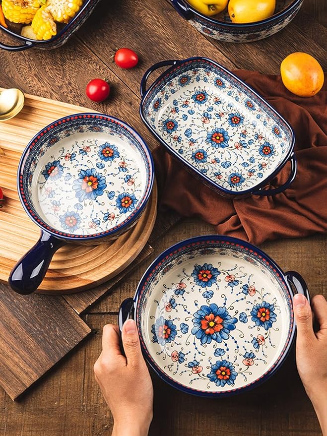 Blue and Orange Flower Vintage Style Ceramic Bakeware Casserole Dish Baking Pan Lasagna Pans Baking Dish with Handles for Oven/Cooking/Kitchen-1 PCS-20 OZ