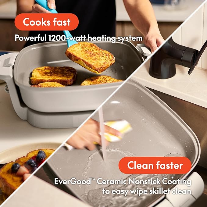 bella Make & Take Electric Skillet, Fits-anywhere™ kitchenware, EverGood™ Ceramic Coating, Adjustable Temperature & Dishwasher-Safe Tempered Glass Lid, Cast Aluminum Base, 1200 Watt, Oatmilk