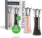 Prefilled Stainless Steel Salt and Pepper Grinder Two Piece Set - Includes Himalayan Salt and Quality Black Pepper - Glass and Stainless Steel Mill - Large Capacity Shakers - Top Loading By Mason Mil