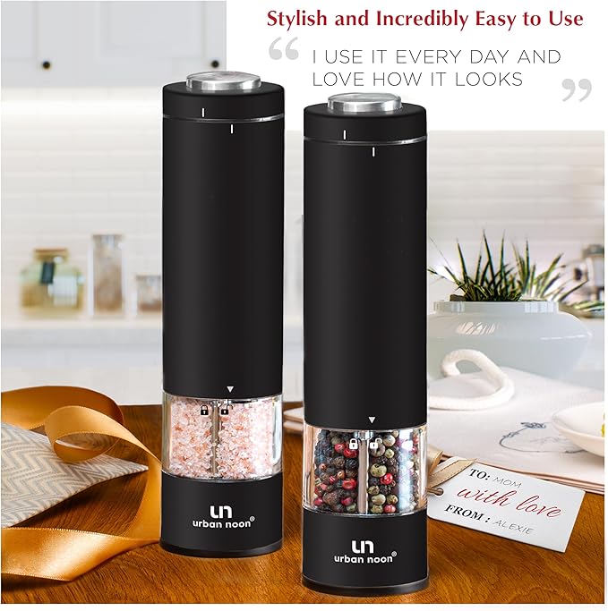 Electric Salt and Pepper Grinder Set - Battery Operated Stainless Steel Mill with Light (2 Black Mills) - Automatic One Handed Operation - Electronic Adjustable Shakers - Ceramic Grinders