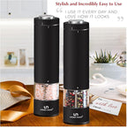 Electric Salt and Pepper Grinder Set - Battery Operated Stainless Steel Mill with Light (2 Black Mills) - Automatic One Handed Operation - Electronic Adjustable Shakers - Ceramic Grinders