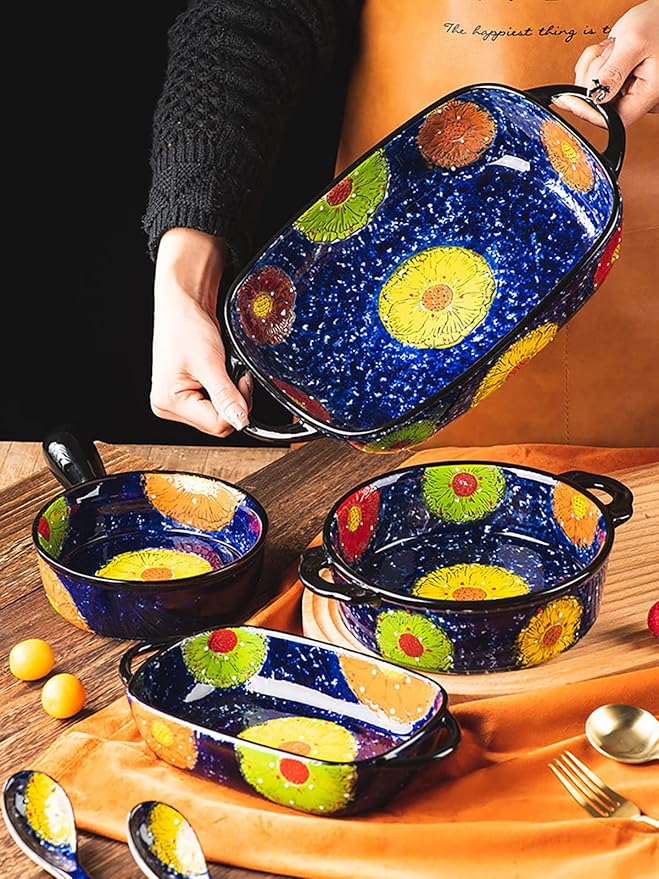 Vintage Style Pottery Bakeware Colorful Daisy Pattern Ceramic Casserole Dish Baking Pan Lasagna Pans Baking Dish with Handles from Oven to Table Plate-1 PCS, 22 OZ