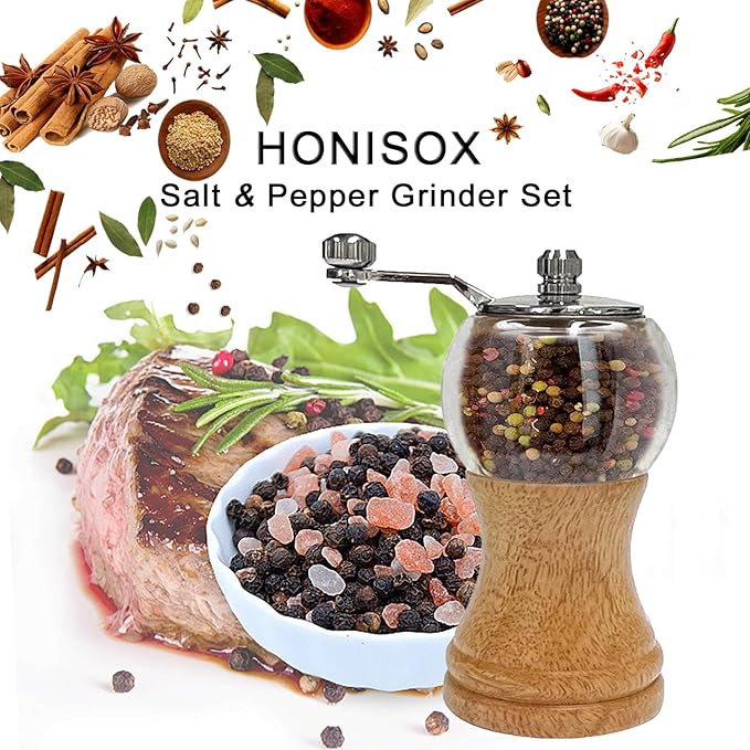 Wooden Acrylic Grinder Set, Hand Crank Salt and Pepper Mill with Handle, Ceramic Blade Grinding, Adjustable Coarse, Grinder for Kitchen,Pack of 2, Wood Colour