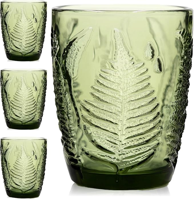 Vintage Green Drinking Glasses Set of 4, 10 oz Handcrafted Deep Textured Glass Cups, Fern Embossed Retro Glassware, Decorative Cocktail Tumblers for Home & Bar, Artisan Made Colored Drinkware Gift Set