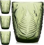 Vintage Green Drinking Glasses Set of 4, 10 oz Handcrafted Deep Textured Glass Cups, Fern Embossed Retro Glassware, Decorative Cocktail Tumblers for Home & Bar, Artisan Made Colored Drinkware Gift Set