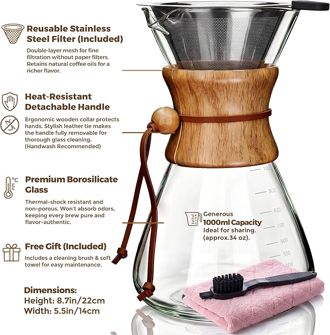 AGOGO Pour Over Coffee Maker Glass - Barista Kit with 304 Stainless Filter for Home, Office, Camping, Cafes - Easy Clean Coffee Dripper Set (Soft Towel&Brush) (34oz Slim Shape w/SS Filter)