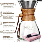 AGOGO Pour Over Coffee Maker Glass - Barista Kit with 304 Stainless Filter for Home, Office, Camping, Cafes - Easy Clean Coffee Dripper Set (Soft Towel&Brush) (34oz Slim Shape w/SS Filter)