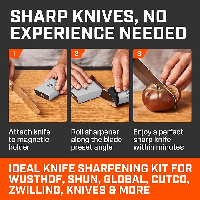 TUMBLER Pro Rolling Knife Sharpener™ - Knife Sharpening Made Easy - Ultimate Gift for Father's Day - Kit with Removable Disc System - 4-Layer Diamond Sharpening Disc & EdgeBoost Ceramic Disc (Grey)