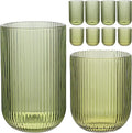 Set of 8 Ribbed Glassware,4 Highball Glasses 14oz & 4 Rocks Drinking Glasses 9oz, Green, Origami Style, Fluted Design, for Milk, Water, Cocktail, Juice, Beer, ToothBrush Cup, Gift