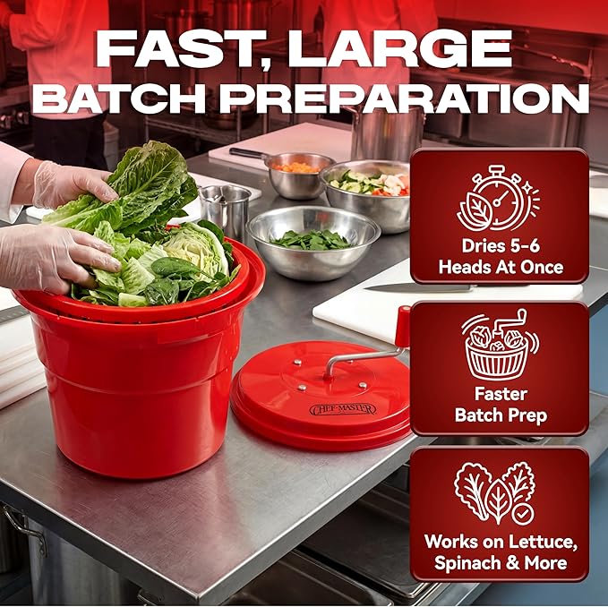 5 Gallon Chef Master Salad Spinner Dryer – Large Capacity, Economy Lettuce Spinner and Fruit Washer Bowl with Strainer - Sealed Gearbox - Fits 5-6 Heads of Lettuce - Durable Spinner Mechanism - 90008