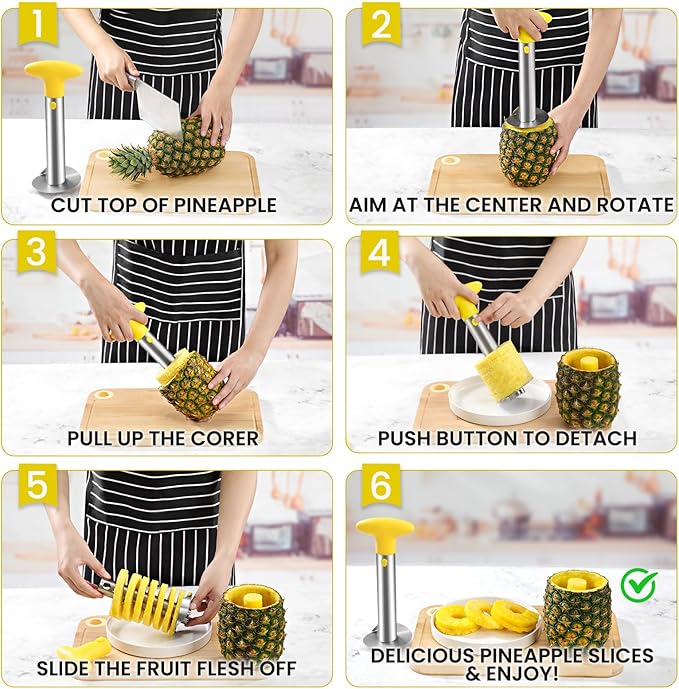 AUBENR Premium Pineapple Corer and Slicer Tool - Sharp Pineapple Cutter with Serrated Tips - Easy to Use and Clean - Stainless Steel Core Remover for Pineapple - Core Fruits with Ease(Yellow)