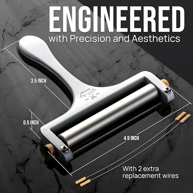 Zulay Kitchen Stainless Steel Wire Cheese Slicer - Adjustable Hand Held Cheese Cutter with 2 Extra Wires - Premium Cheese Shaver For Mozzarella, Cheddar, Gruyere - Cheese Cutter with Wire (White)