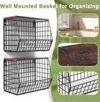 Wawocs Fruit Basket for Kitchen Counter 2 Tier Fruit Bowl, Stackable Wall Mounted Hanging Fruit Basket Wire Baskets with Wood Lid with 4 Banana Hanger Hooks, Onion Basket, Fruit and Vegetable Storage
