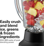 Hamilton Beach Wave Action Blender for Smoothies, Stainless Steel Ice Sabre Blades, 40oz Glass Jar, 800 Watts, Quiet Design, Black (58175)