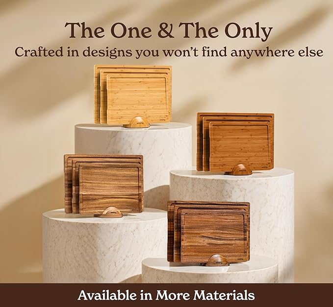 SMIRLY Wood Cutting Boards for Kitchen Wooden Chopping Board Set Reversible with Deep Juice Grooves Grip Handles, Large Charcuterie Tray for Home Kitchen, Natural Birch, 3Pcs with Holder