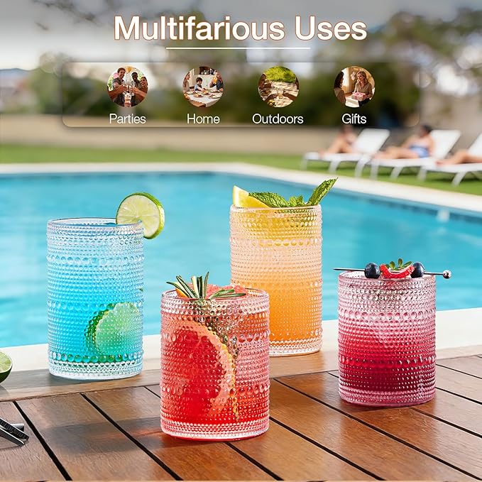 Hobnail Drinking Glasses Set of 8, 4 Highball Glasses 15oz,4 Rocks Glasses 12oz,Mixed Drink Cocktail Glass, Vintage Embossed Glassware Sets for Whiskey,mocktails, Water & Juice Drinkware