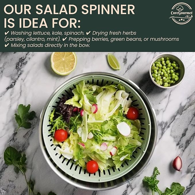 Stainless Steel Salad Spinner 5 Qt, Vegetable & Fruit Washing Bowl with Strainer, ABS & Stainless Steel, lettuce Dryer with Double Drain Holes, Quick Spin for Greens, Easy Grip, Non-Slip Base