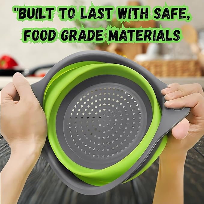 Collapsible Colander Set,Premium Food Grade Silicone Folding Strainers with Handles Space Saving Colanders for Draining Pasta,Vegetables & Fruits,Ideal for Kitchen & Travel (3pc Green)