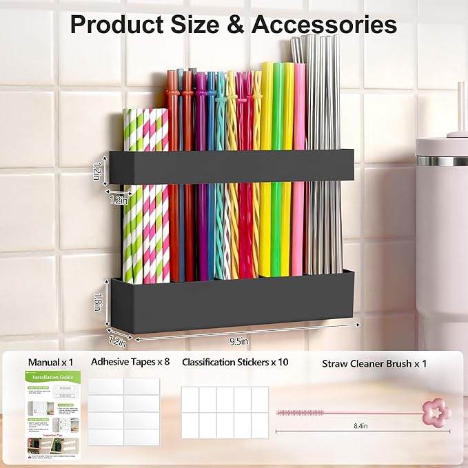 9.5” Large Acrylic Straw Holder for Cabinet Door, Reusable Adjustable Two-Part Straws Organizer with Ultra Sticky Adhesive Strips, 2026 Straw Storage for Kitchen Cupboard (Black)