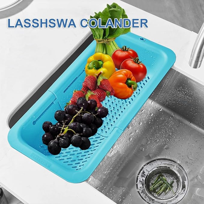 LASSHSWA Collapsible Colander for Kitchen, Over the Sink Strainer Basket for Kitchen, Fruit Pasta Food Strainer Expandable Plastic Colander BPA Free (Blue)
