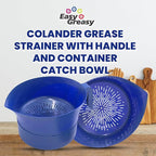 3-Piece Colander Grease Strainer Set – Blue Grease Separator with Handle, Container & Lid – Strains Bacon, Pasta, Ground Beef – BPA-Free Kitchen Gadget