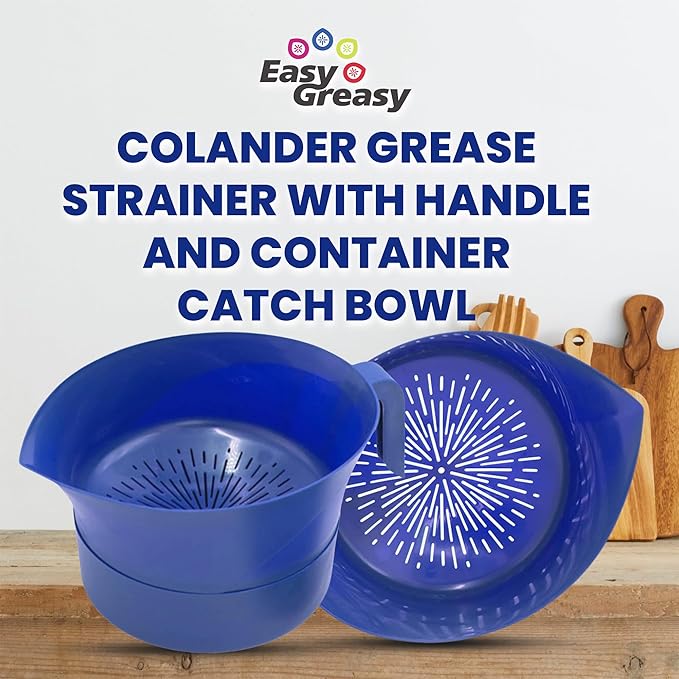 3-Piece Colander Grease Strainer Set – Blue Grease Separator with Handle, Container & Lid – Strains Bacon, Pasta, Ground Beef – BPA-Free Kitchen Gadget