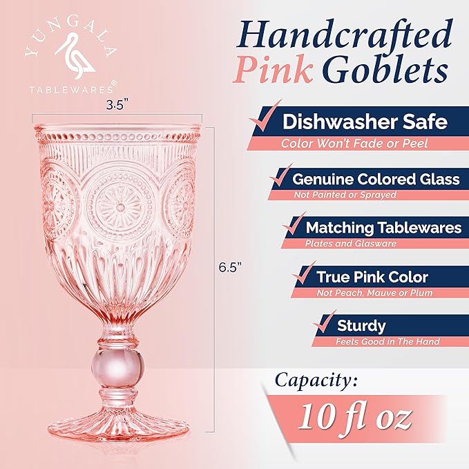 Yungala Pink Wine Glasses Set of 6 Vintage Hobnail Goblets 10 oz Transparent Glassware with Stems Dishwasher Safe