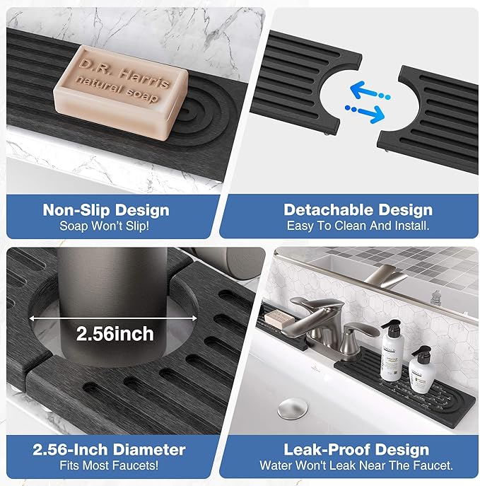 DK177 Faucet Mat for Kitchen Sink - Water Absorbing Stone Tray for Sink, Diatomite Fast-Drying Faucet Mat, Faucet Splash Guard for Bathroom Counter (Dark Gray, 23.6" x 4")