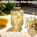 12 Pack Plastic Stemless Wine Glasses,12oz Unbreakable Vintage Elegant Drinking Glass Set,Reusable Fancy Cocktail Cups for Party, Wedding, and Bulk Events (12, 12oz-Gold)