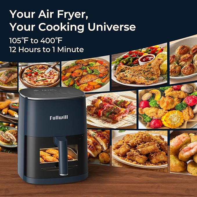 Fullwill 6QT Air Fryer with Viewing Window,12-in-1 Multi-Function Air Fry,Roast,Bake, Dehydrate, Fries,Nonstick and Dishwasher-Safe Basket,Family&friends Party,Max 400℉ Crisping 1700W,Blue