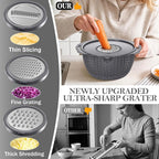 4-1 Colander with Lid Set - Rotatable Strainer With Bowl(Patented), Pasta Strainer with New Upgraded Graters, Strainer And Colanders, Fruit Cleaner, Veggie Wash, Apartment Kitchen Gadgets - Grey