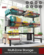 Sakugi Over The Sink Dish Drying Rack - Adjustable 3 Tier XX-Large Capacity Stainless Steel Drainer with Cutlery & Utensil Holders, Kitchen Storage & Organization, 31.5"-39.5"L x 12"W x 30.5"H, Black