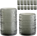ZMOWIPDL Vintage Glassware Drinking Glasses Set of 12,Grey 12oz & 15oz Hobnail Glass Cups,Embossed Water Tumbler,for Beer,Cocktail,Whiskey,Juice and Various Mixed Drinks- 1 Cleaning Brush