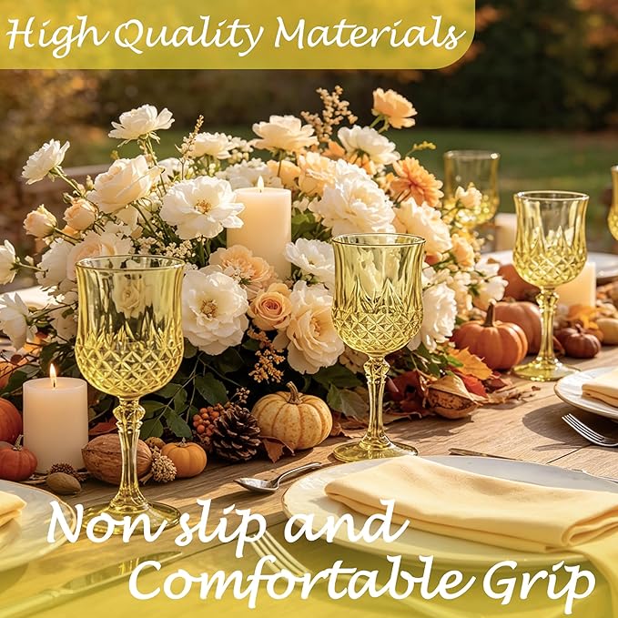 Plastic Wine Glasses, Plastic Goblets Vintage Style Cordial Unbreakable Drinking Glasses, Reusable Drinkware for Wedding Reception, Grand Event Party Supplies (12, Gold)