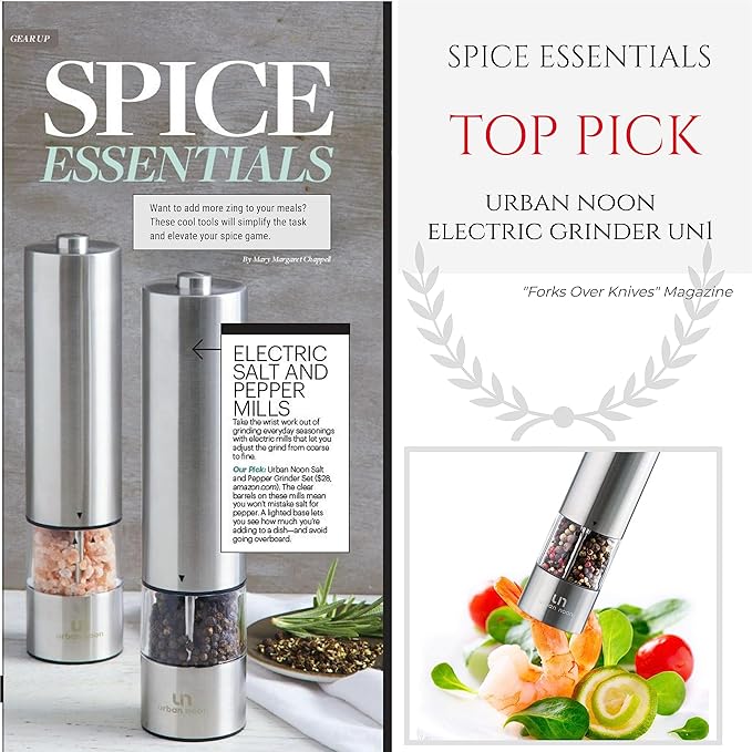 Electric Salt and Pepper Grinder Set - Stainless Steel Battery Operated Salt & Pepper Mills with Light (Pack of 2) - Automatic One Handed Operation Adjustable Ceramic Grinders