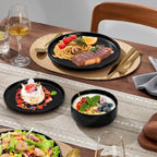 E-far 18-Piece Stoneware Plates and Bowls Sets, Dinnerware Sets for 6, Ceramic Dishware Dishes Set with Terracotta Base, Chip & Scratch Resistant, Microwave & Dishwasher Safe, Matte Black