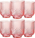 JOVGANK Pink Vintage Drinking Glasses Set of 6-14Oz Pink Glass Drinking Glasses, Art Deco Ripple Highball Glass, Whiskey Cocktail Glasses, for Bar Coffee Juice, Housewarming and Mother's Day Gift