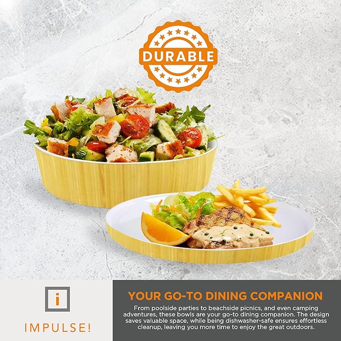 IMPULSE! Rimini Large Bamboo Melamine Bowl – Bright & Stylish with Lid That Doubles as Plate | Great for Salads, Sides, Snacks, Dips & More | Perfect for Outdoor, Home & Commercial Use
