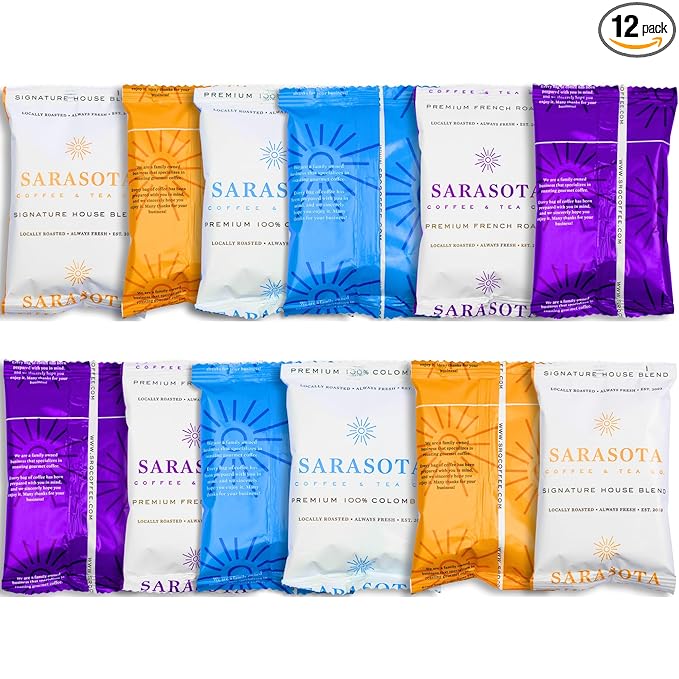 Coffee Packets – Assorted Variety Sampler Gift Set | Medium, Colombian & Dark Roast Fractional Packs | Gourmet Low Acid Mold Free Individual Pouches for 12 Cup Brewers | 2 Oz Bags, 12 Count – Sarasota