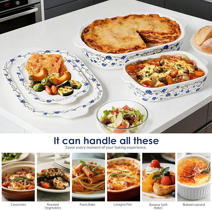 ACMLIFE Ceramic Casserole Dish with Lids for Oven, Large Baking Dish with Lid and Small Ceramic Casserole Dishes with Lid, Bakeware Set Baking Pan Lasagna Pan with Lids & Handles 4 Pcs Set (13x8 Inch+ 8x6 Inch, 2.01 Quart+0.85 Quart, Blue and White), C...