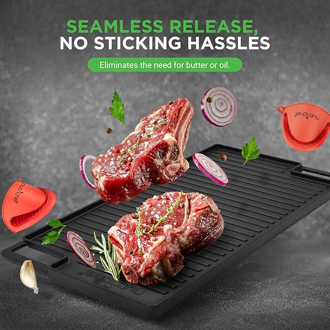 NutriChef Cast Iron Reversible Grill Plate – 18 Inch Flat & Ridged Skillet Griddle Pan, Fits Two Burners, for Gas, Electric, Ceramic Stovetops, with Silicone Oven Mitt